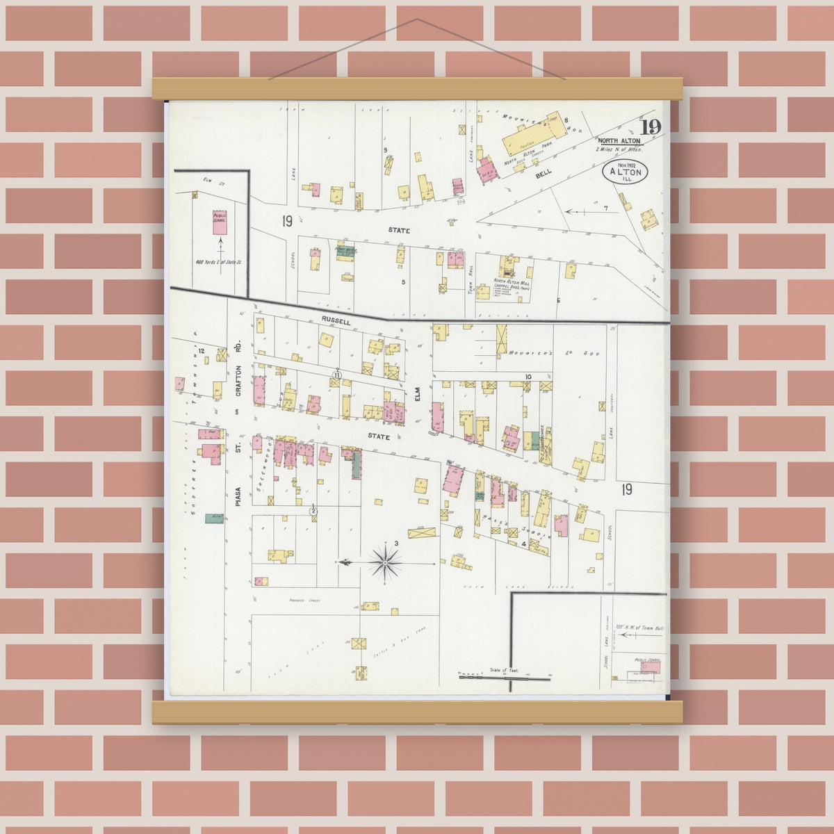 Old map wall art mockup — magnetic wood frame on brick wall — Sanborn Fire Insurance Map from Alton, Madison County, Illinois (1902), Sheet #0019