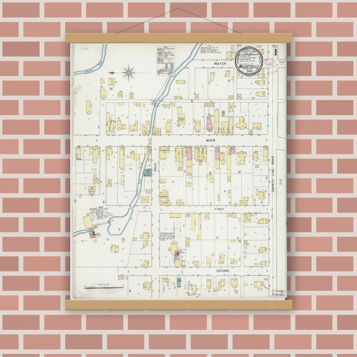 Old map wall art mockup — magnetic wood frame on brick wall — Sanborn Fire Insurance Map from Wolcottville, Noble And LaGrange Counties, Indiana (1895), Sheet #0001