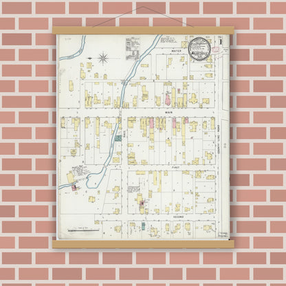 Old map wall art mockup — magnetic wood frame on brick wall — Sanborn Fire Insurance Map from Wolcottville, Noble And LaGrange Counties, Indiana (1895), Sheet #0001