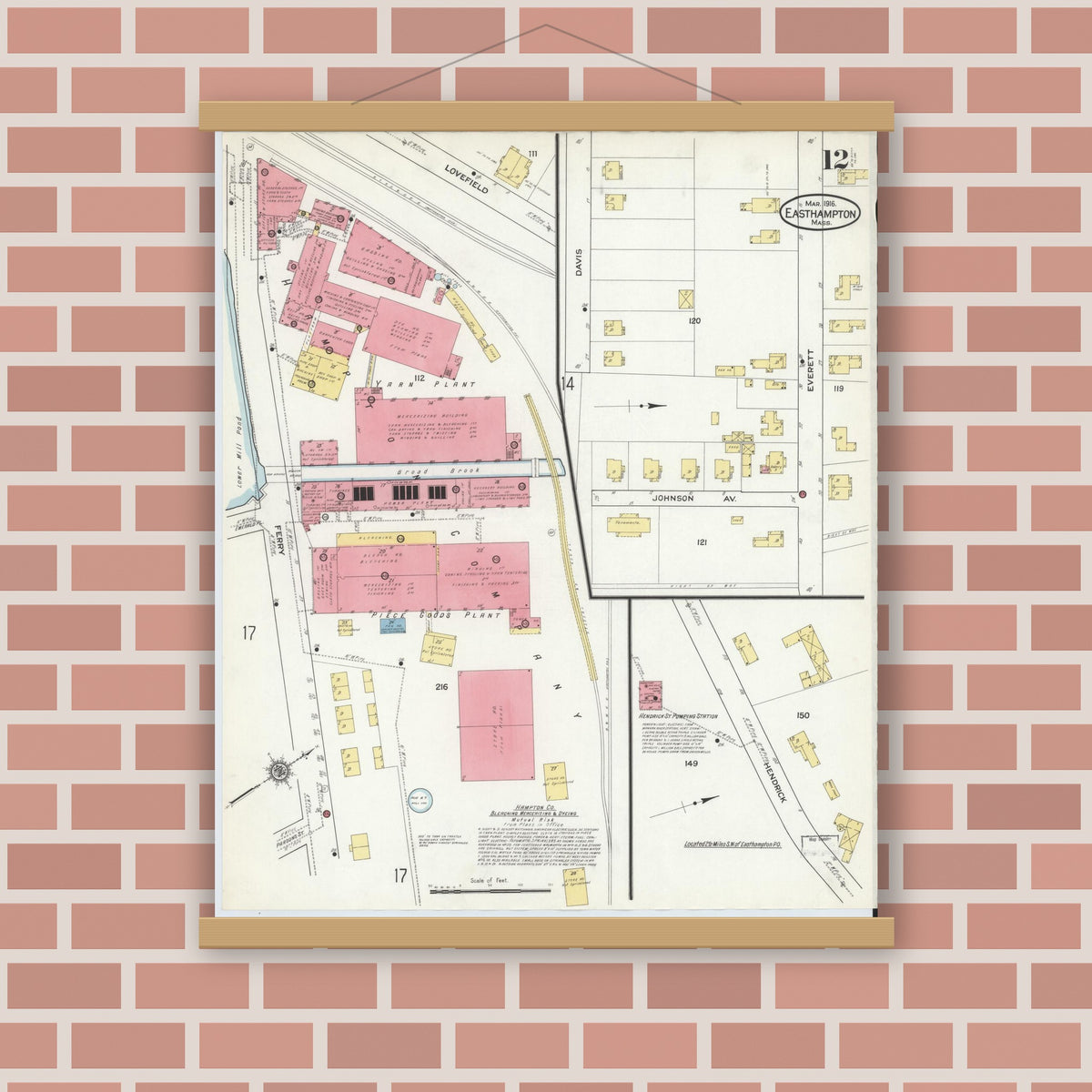 Old map wall art mockup — magnetic wood frame on brick wall — Sanborn Fire Insurance Map from East Hampton, Hampshire County, Massachusetts (1916), Sheet #0012