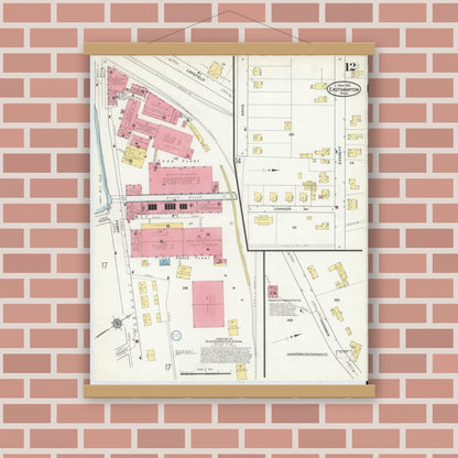 Old map wall art mockup — magnetic wood frame on brick wall — Sanborn Fire Insurance Map from East Hampton, Hampshire County, Massachusetts (1916), Sheet #0012