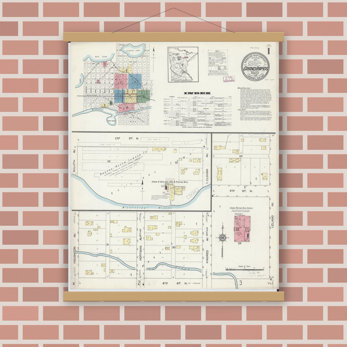 Old map wall art mockup — magnetic wood frame on brick wall — Sanborn Fire Insurance Map from Grand Rapids, Itasca County, Minnesota (1913) - Complete Map Set