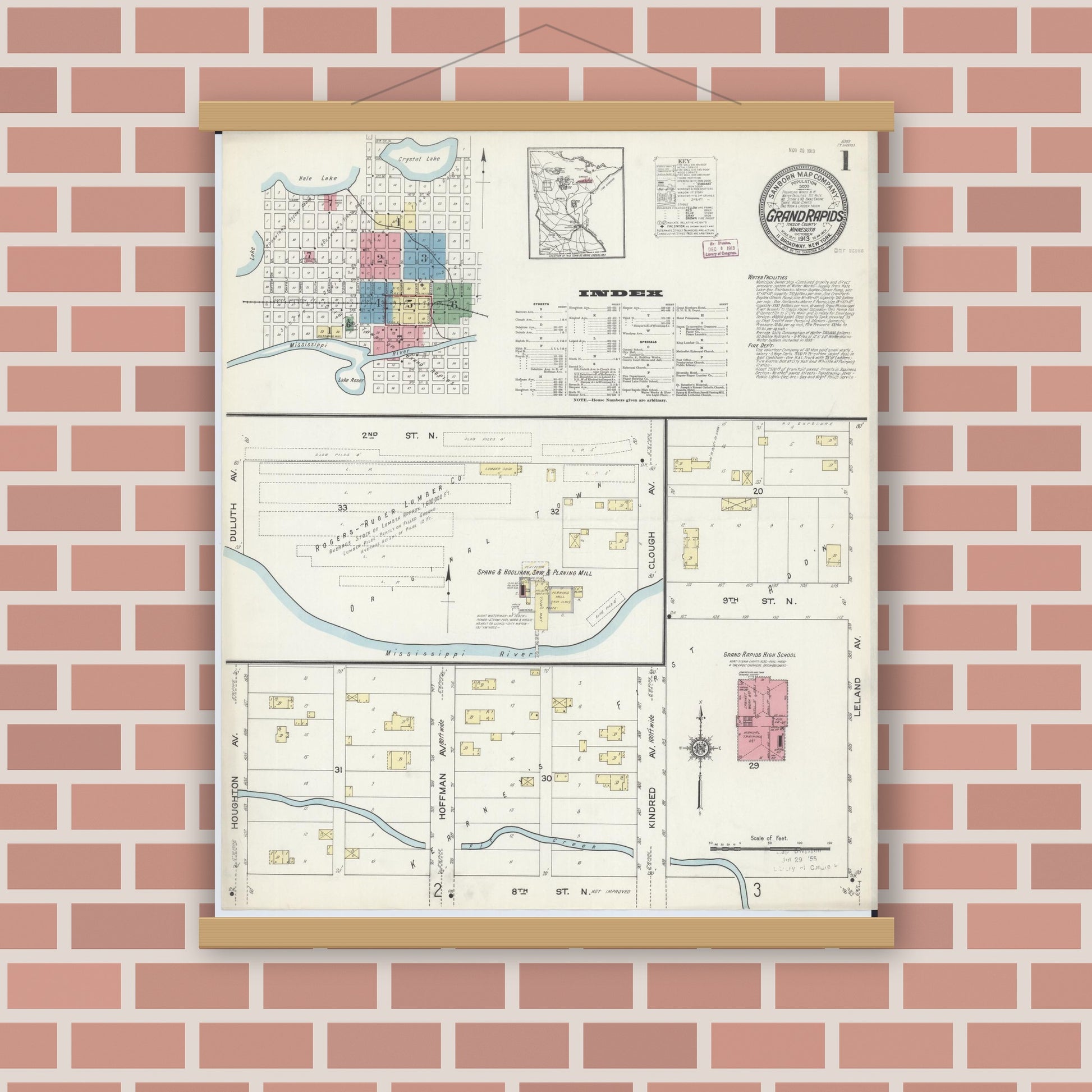 Old map wall art mockup — magnetic wood frame on brick wall — Sanborn Fire Insurance Map from Grand Rapids, Itasca County, Minnesota (1913) - Complete Map Set