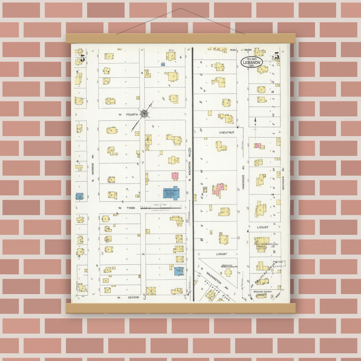 Old map wall art mockup — magnetic wood frame on brick wall — Sanborn Fire Insurance Map from Lebanon, Laclede County, Missouri (1925), Sheet #0005