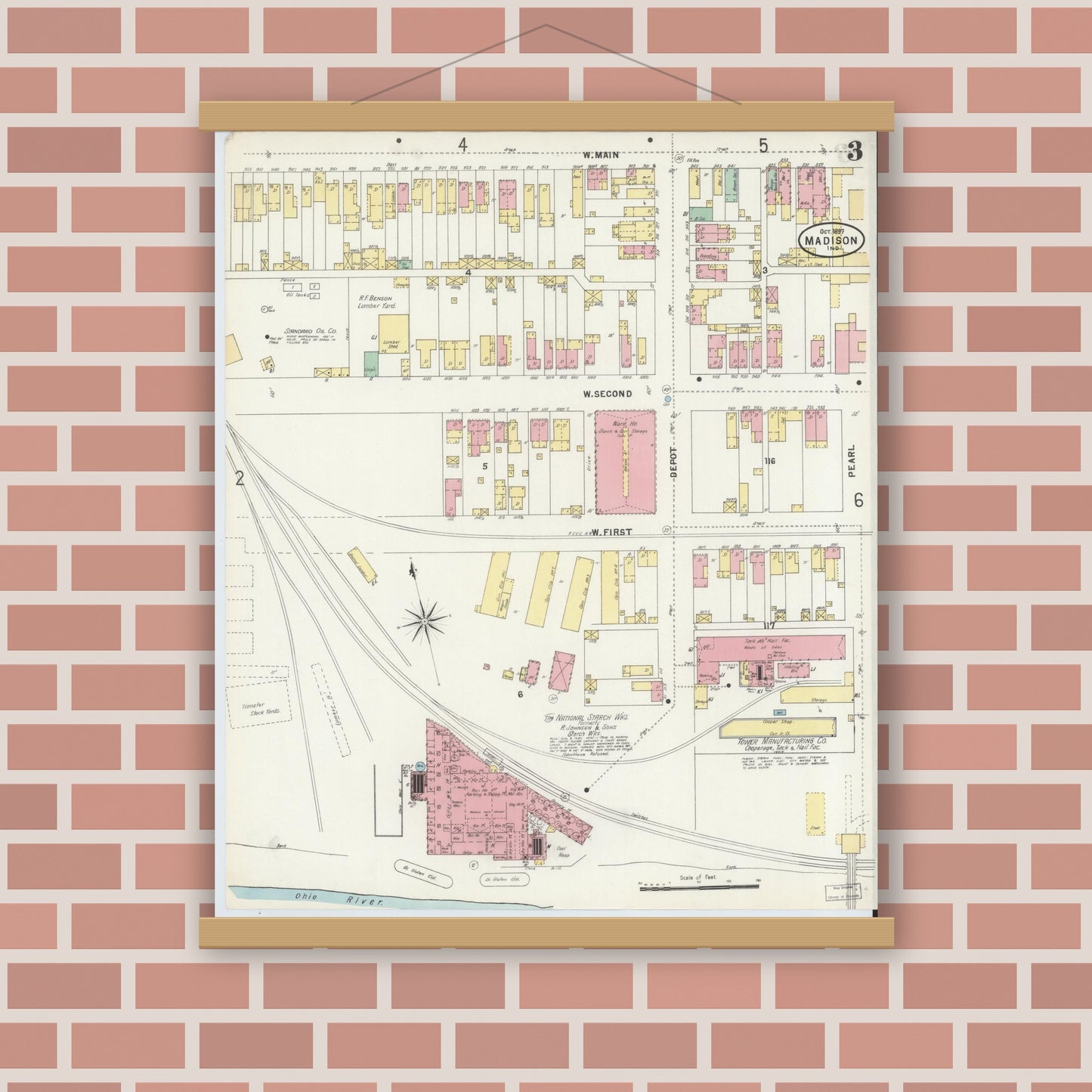 Old map wall art mockup — magnetic wood frame on brick wall — Sanborn Fire Insurance Map from Madison, Jefferson County, Indiana (1897), Sheet #0003