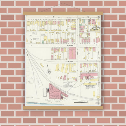 Old map wall art mockup — magnetic wood frame on brick wall — Sanborn Fire Insurance Map from Madison, Jefferson County, Indiana (1897), Sheet #0003