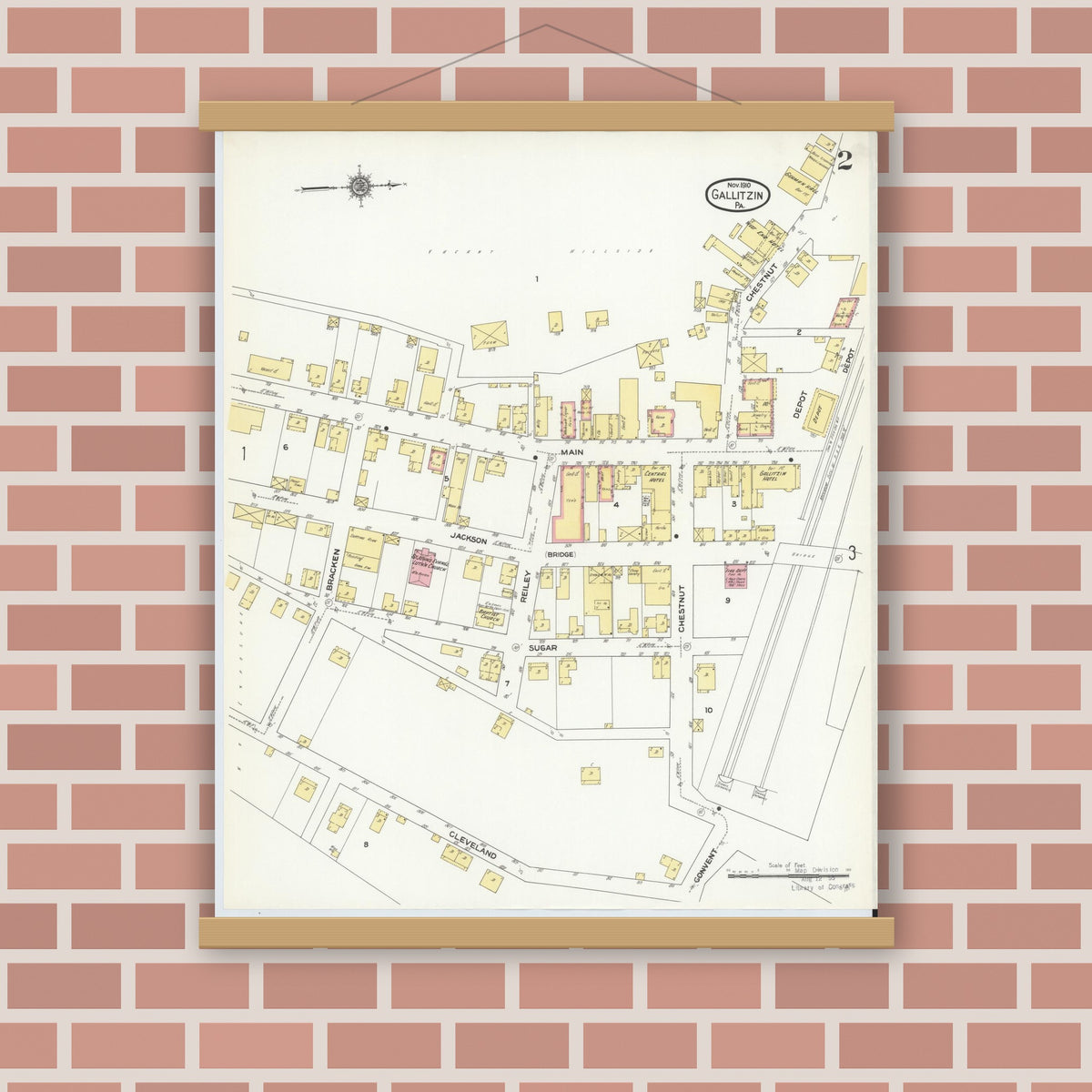 Old map wall art mockup — magnetic wood frame on brick wall — Sanborn Fire Insurance Map from Gallitzin, Cambria County, Pennsylvania (1910), Sheet #0002