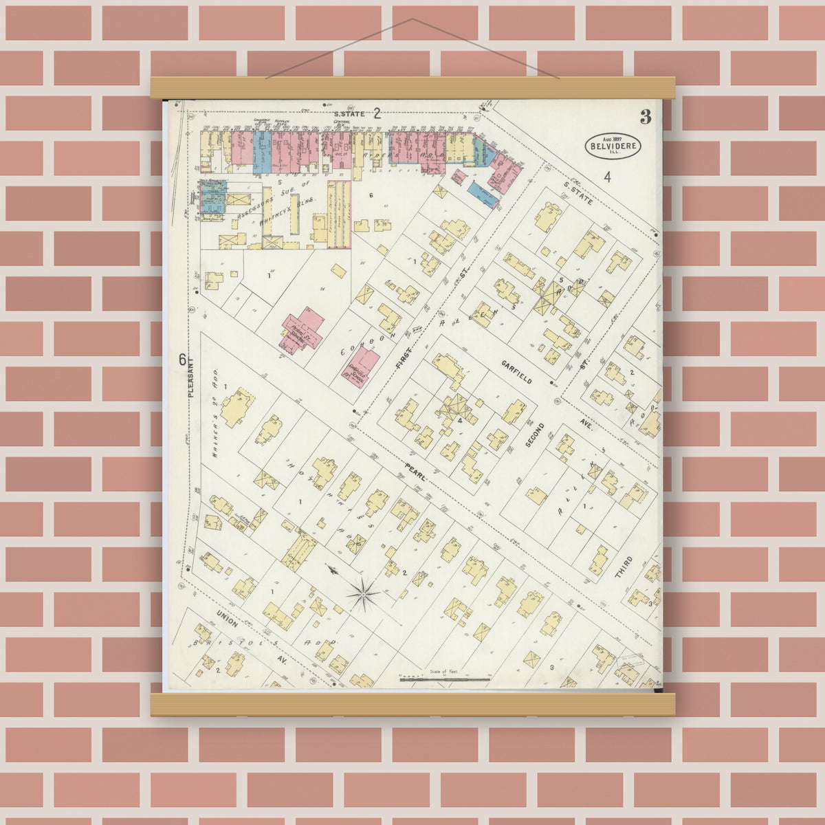 Old map wall art mockup — magnetic wood frame on brick wall — Sanborn Fire Insurance Map from Belvidere, Boone County, Illinois (1897), Sheet #0003