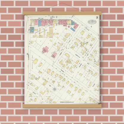 Old map wall art mockup — magnetic wood frame on brick wall — Sanborn Fire Insurance Map from Belvidere, Boone County, Illinois (1897), Sheet #0003