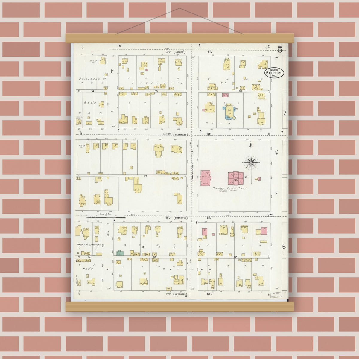 Old map wall art mockup — magnetic wood frame on brick wall — Sanborn Fire Insurance Map from Bedford, Lawrence County, Indiana (1898), Sheet #0005