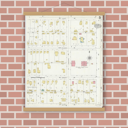 Old map wall art mockup — magnetic wood frame on brick wall — Sanborn Fire Insurance Map from Bedford, Lawrence County, Indiana (1898), Sheet #0005