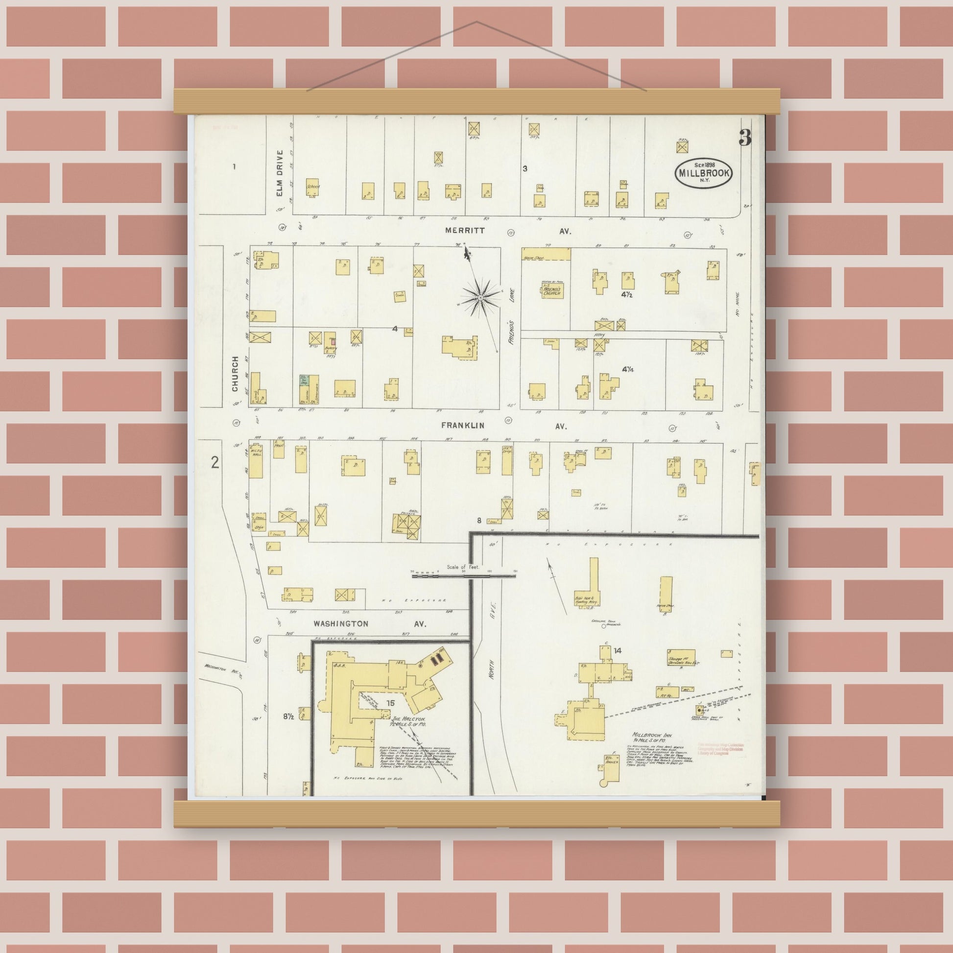 Old map wall art mockup — magnetic wood frame on brick wall — Sanborn Fire Insurance Map from Millbrook, Dutchess County, New York (1898), Sheet #0003