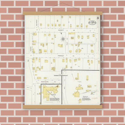 Old map wall art mockup — magnetic wood frame on brick wall — Sanborn Fire Insurance Map from Millbrook, Dutchess County, New York (1898), Sheet #0003