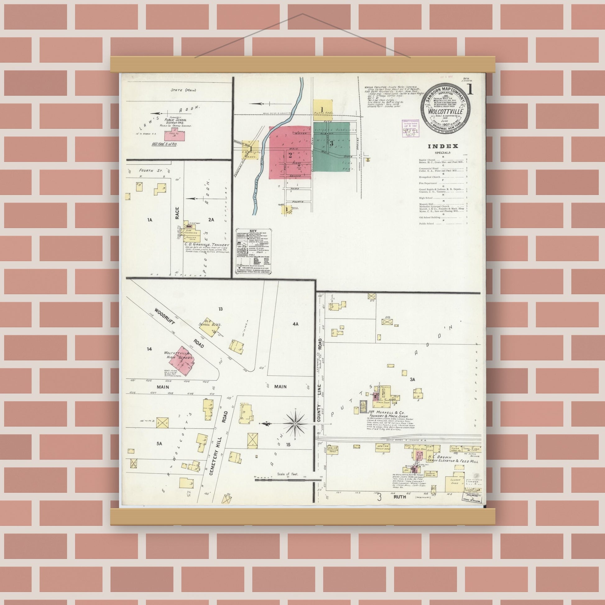 Old map wall art mockup — magnetic wood frame on brick wall — Sanborn Fire Insurance Map from Wolcottville, Noble And LaGrange Counties, Indiana (1907) - Complete Map Set