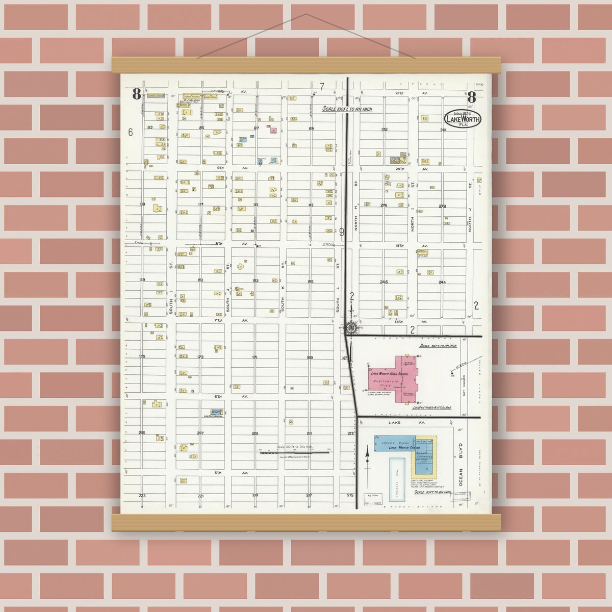 Old map wall art mockup — magnetic wood frame on brick wall — Sanborn Fire Insurance Map from Lake Worth, Palm Beach County, Florida (1924), Sheet #0008