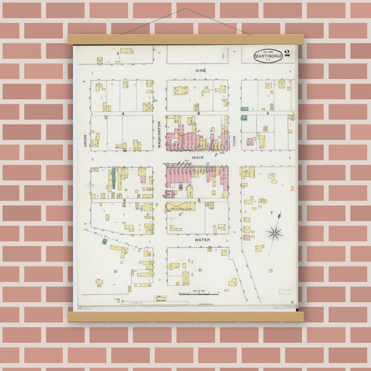 Old map wall art mockup — magnetic wood frame on brick wall — Sanborn Fire Insurance Map from Martinsville, Clark County, Illinois (1893), Sheet #0002