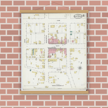 Old map wall art mockup — magnetic wood frame on brick wall — Sanborn Fire Insurance Map from Martinsville, Clark County, Illinois (1893), Sheet #0002