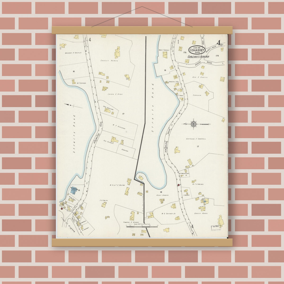 Old map wall art mockup — magnetic wood frame on brick wall — Sanborn Fire Insurance Map from Cohasset, Norfolk County, Massachusetts (1915), Sheet #0004