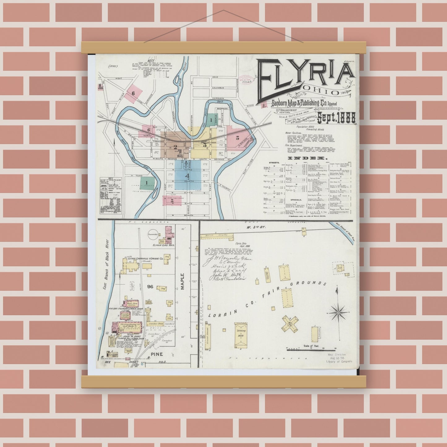Old map wall art mockup — magnetic wood frame on brick wall — Sanborn Fire Insurance Map from Elyria, Lorain County, Ohio (1888) - Complete Map Set