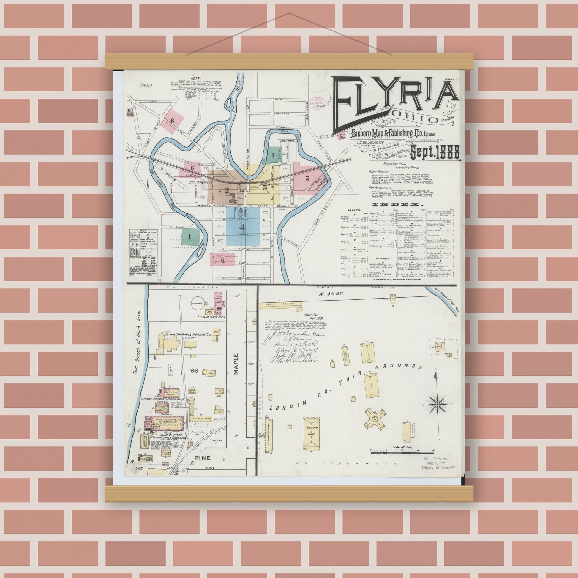 Old map wall art mockup — magnetic wood frame on brick wall — Sanborn Fire Insurance Map from Elyria, Lorain County, Ohio (1888) - Complete Map Set