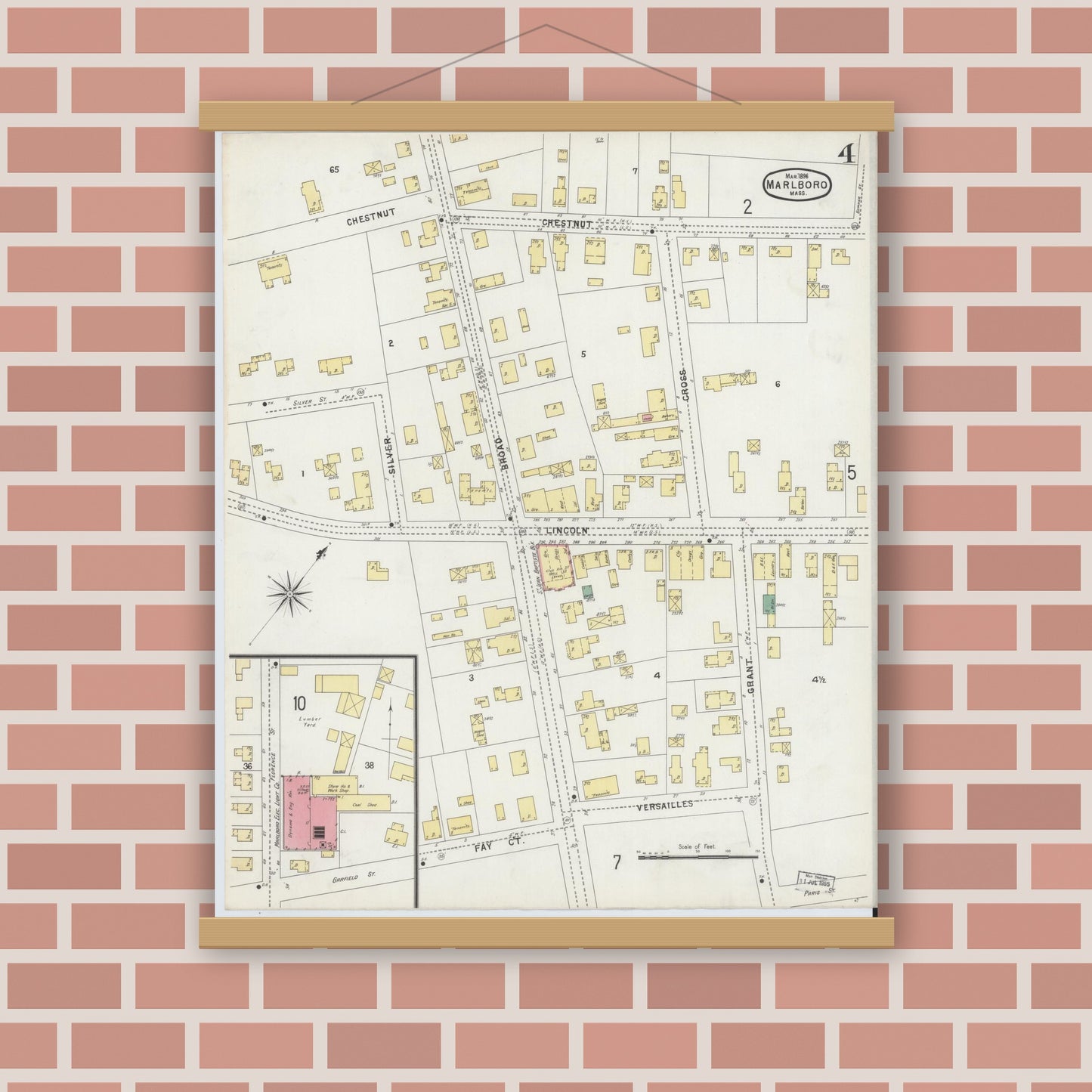 Old map wall art mockup — magnetic wood frame on brick wall — Sanborn Fire Insurance Map from Marlborough, Middlesex County, Massachusetts (1896), Sheet #0004