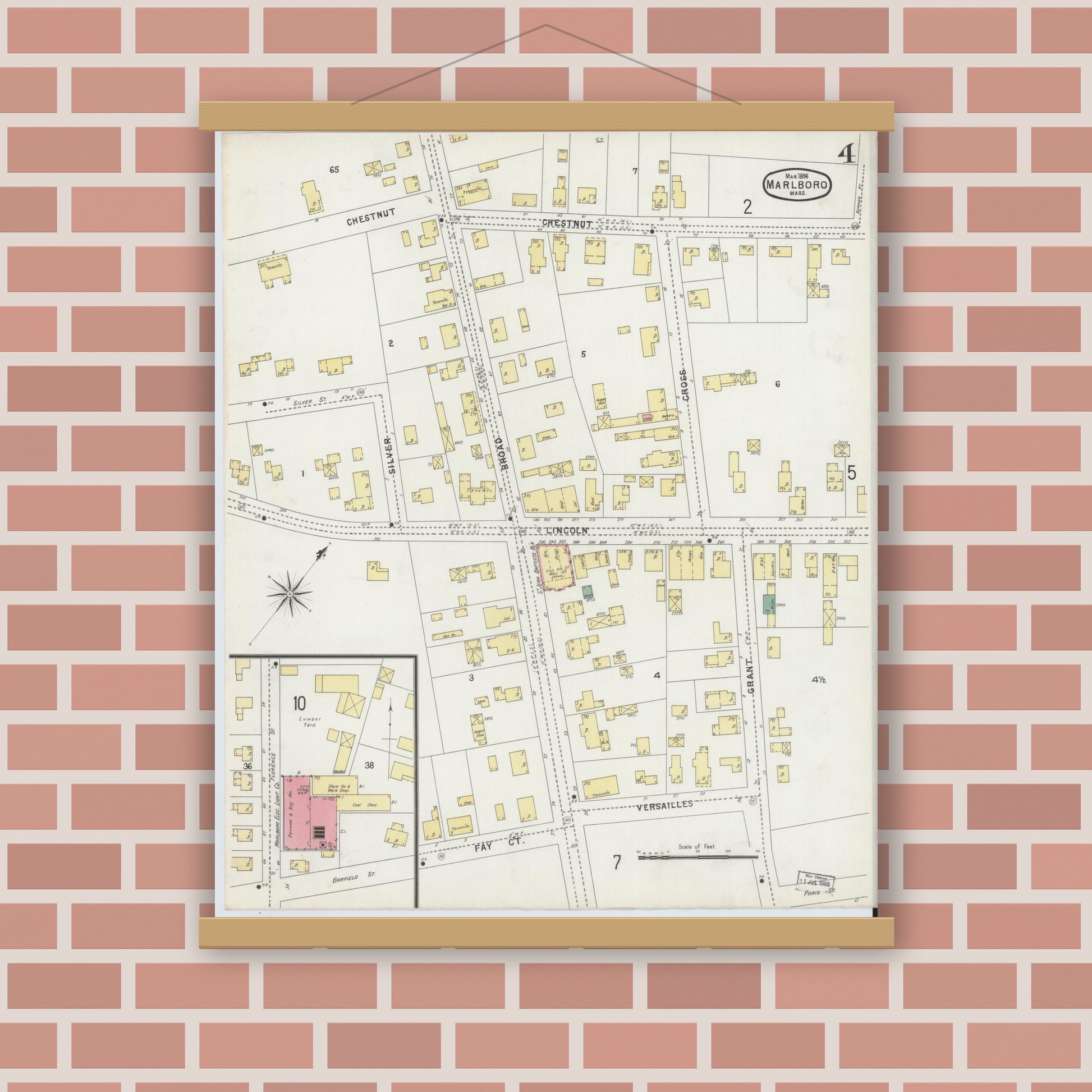 Old map wall art mockup — magnetic wood frame on brick wall — Sanborn Fire Insurance Map from Marlborough, Middlesex County, Massachusetts (1896), Sheet #0004