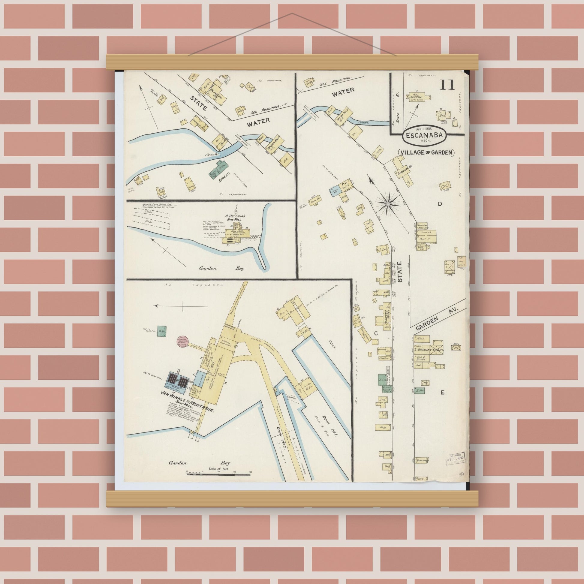 Old map wall art mockup — magnetic wood frame on brick wall — Sanborn Fire Insurance Map from Escanaba, Delta County, Michigan (1888), Sheet #0011
