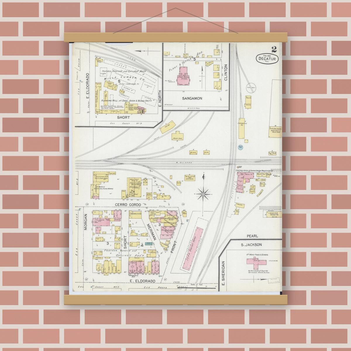 Old map wall art mockup — magnetic wood frame on brick wall — Sanborn Fire Insurance Map from Decatur, Macon County, Illinois (1892), Sheet #0002