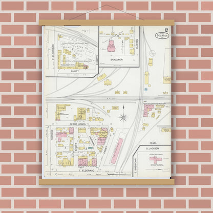 Old map wall art mockup — magnetic wood frame on brick wall — Sanborn Fire Insurance Map from Decatur, Macon County, Illinois (1892), Sheet #0002