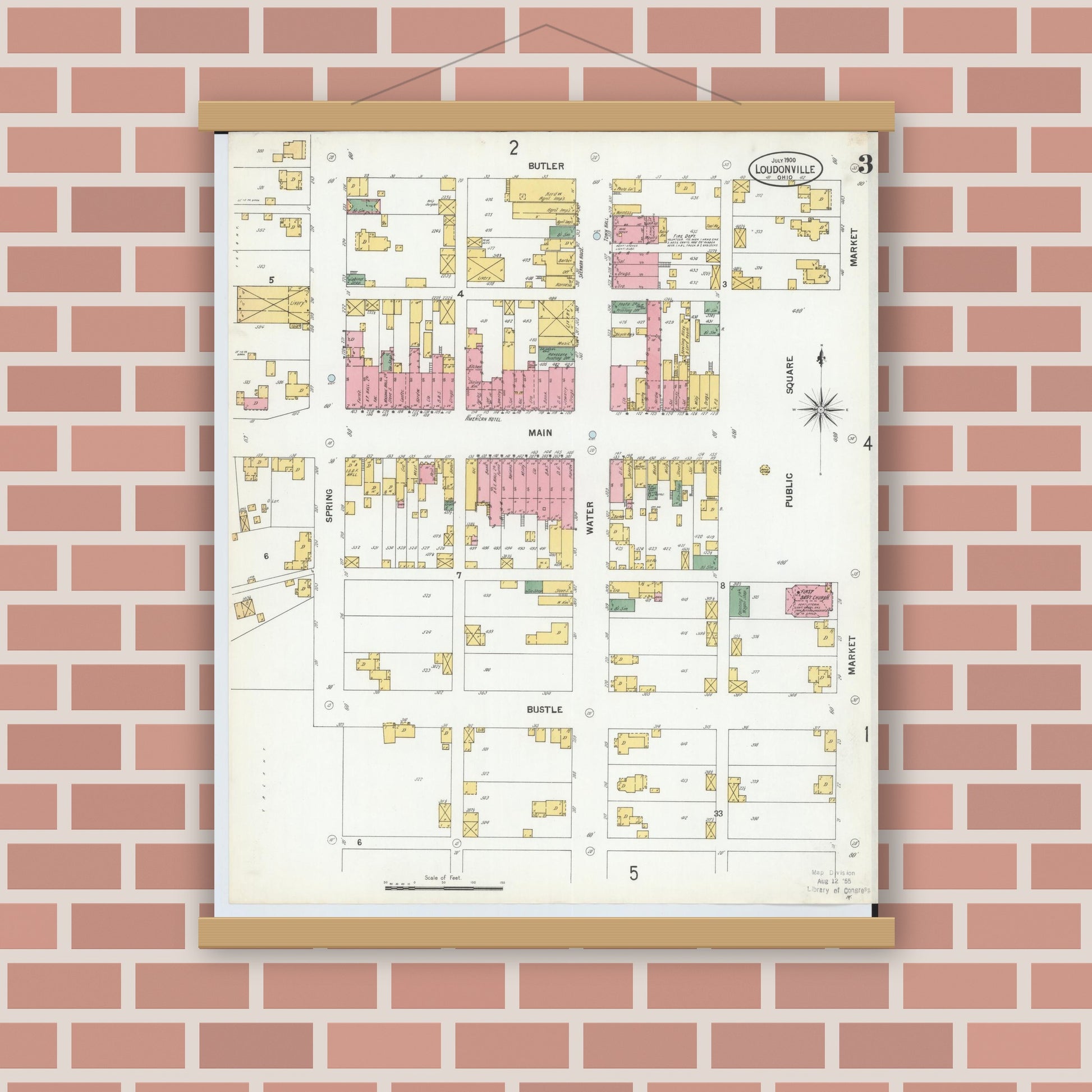 Old map wall art mockup — magnetic wood frame on brick wall — Sanborn Fire Insurance Map from Loudonville, Ashland County, Ohio (1900), Sheet #0003