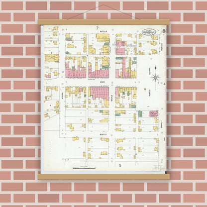 Old map wall art mockup — magnetic wood frame on brick wall — Sanborn Fire Insurance Map from Loudonville, Ashland County, Ohio (1900), Sheet #0003