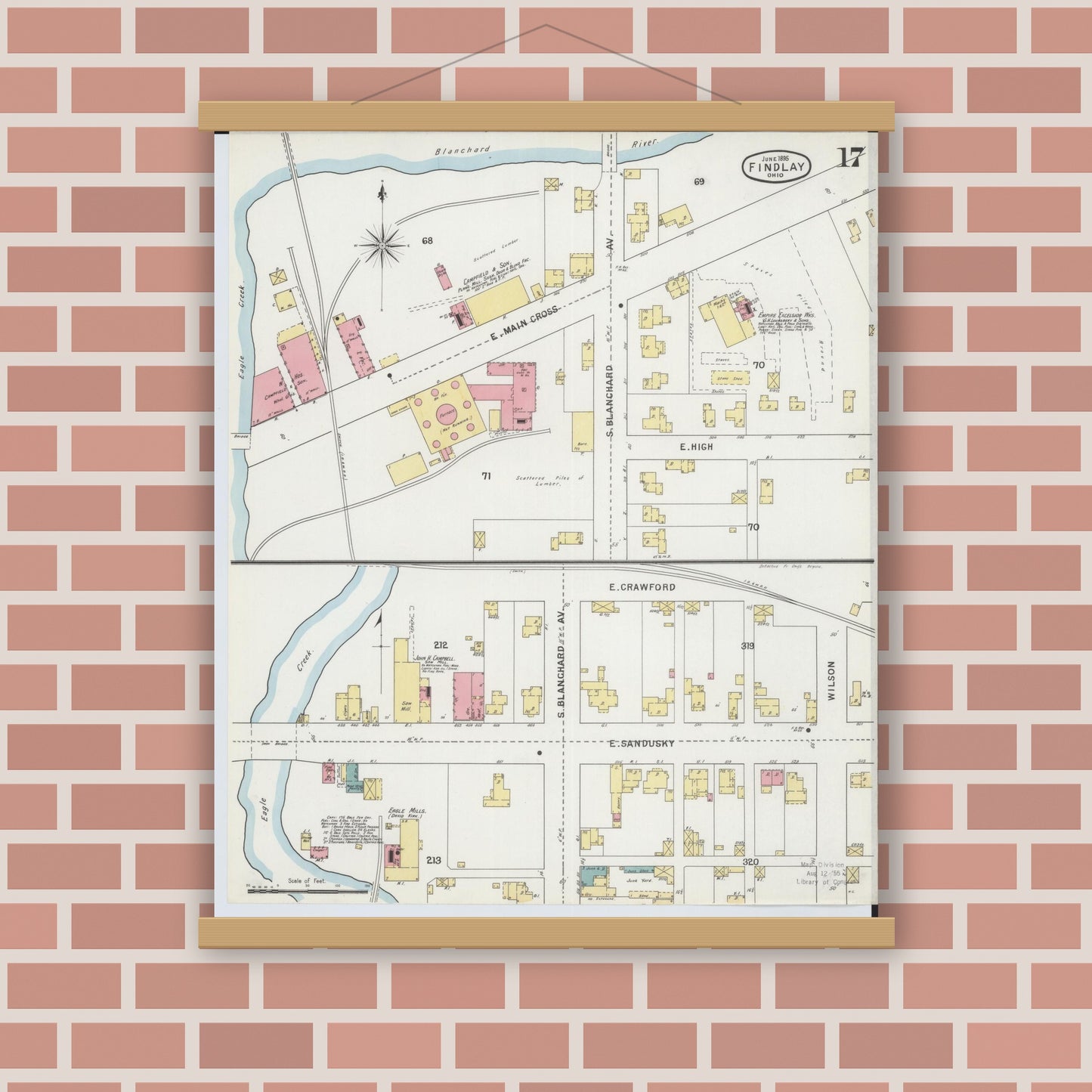 Old map wall art mockup — magnetic wood frame on brick wall — Sanborn Fire Insurance Map from Findlay, Hancock County, Ohio (1895), Sheet #0017
