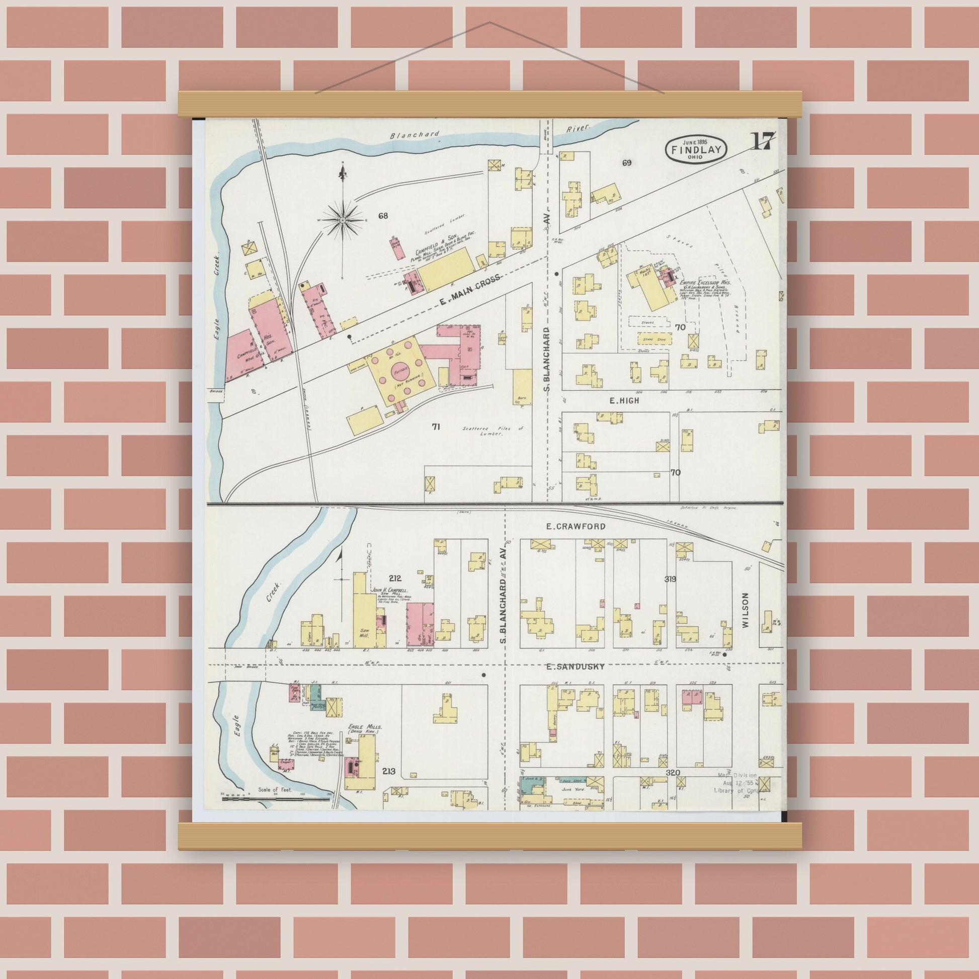 Old map wall art mockup — magnetic wood frame on brick wall — Sanborn Fire Insurance Map from Findlay, Hancock County, Ohio (1895), Sheet #0017