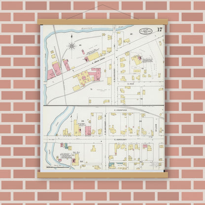 Old map wall art mockup — magnetic wood frame on brick wall — Sanborn Fire Insurance Map from Findlay, Hancock County, Ohio (1895), Sheet #0017