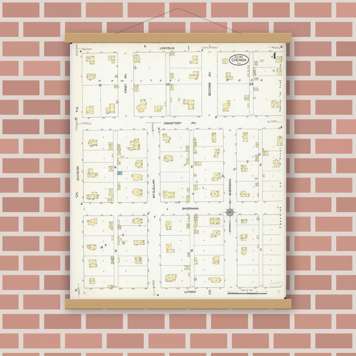 Old map wall art mockup — magnetic wood frame on brick wall — Sanborn Fire Insurance Map from Chenoa, McLean County, Illinois (1914), Sheet #0004