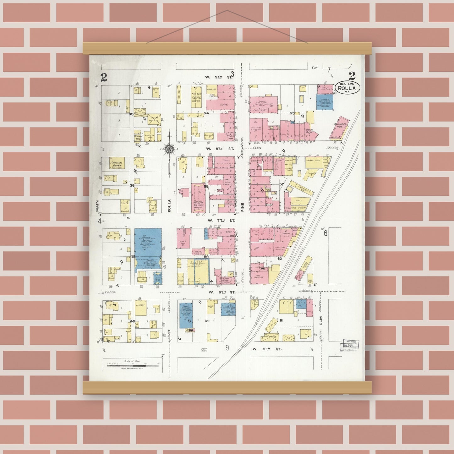 Old map wall art mockup — magnetic wood frame on brick wall — Sanborn Fire Insurance Map from Rolla, Phelps County, Missouri (1924), Sheet #0002
