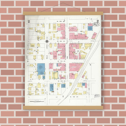 Old map wall art mockup — magnetic wood frame on brick wall — Sanborn Fire Insurance Map from Rolla, Phelps County, Missouri (1924), Sheet #0002