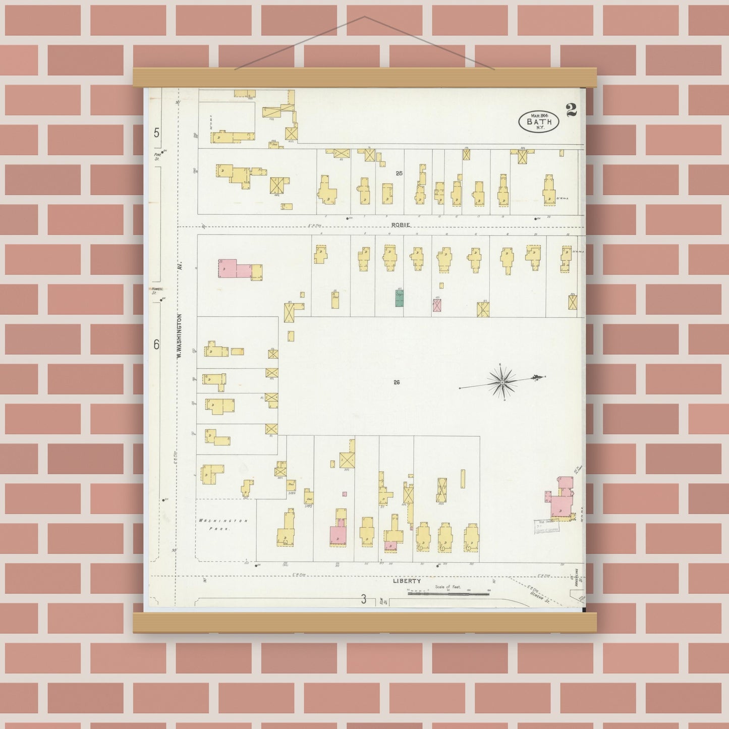 Old map wall art mockup — magnetic wood frame on brick wall — Sanborn Fire Insurance Map from Bath, Steuben County, New York (1904), Sheet #0002