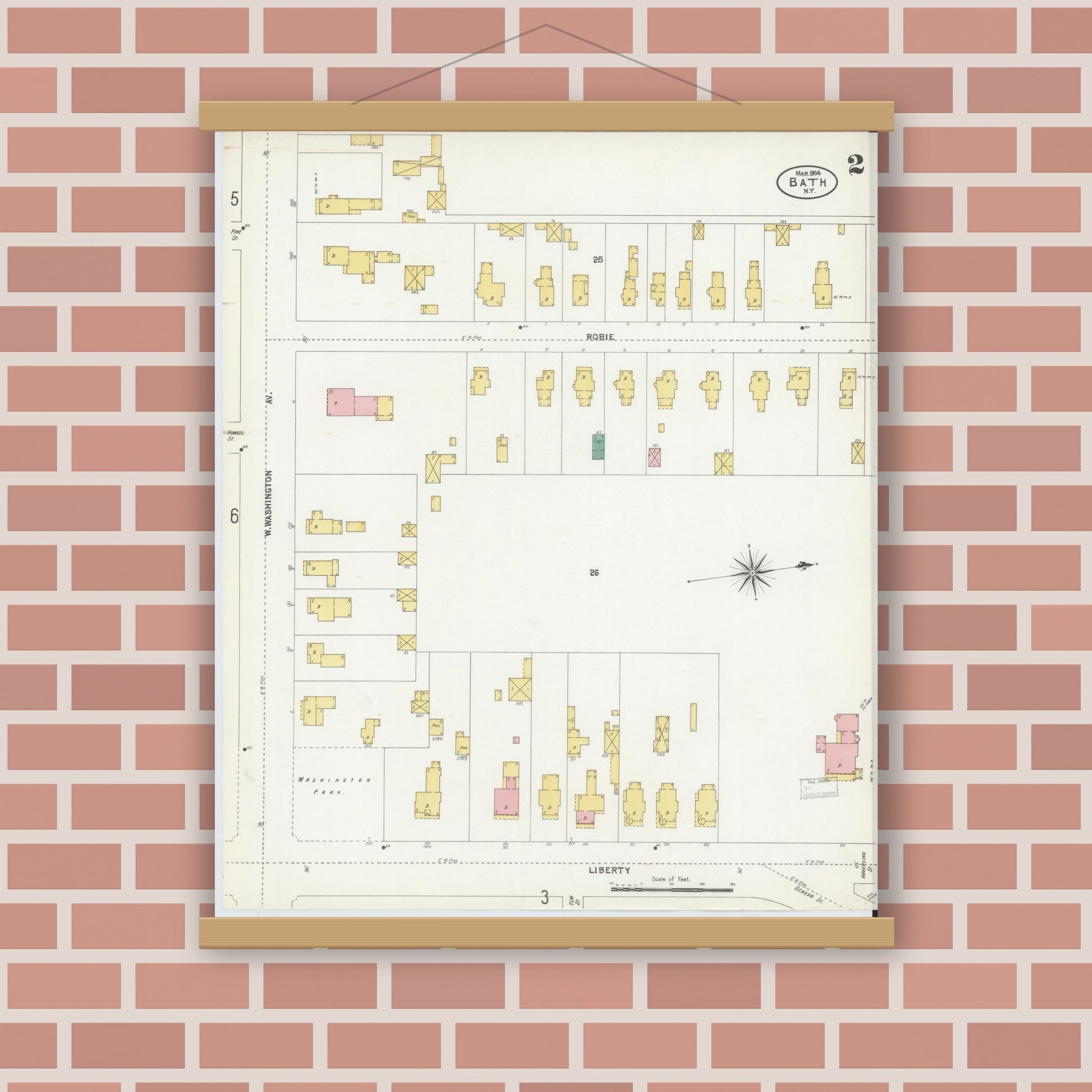Old map wall art mockup — magnetic wood frame on brick wall — Sanborn Fire Insurance Map from Bath, Steuben County, New York (1904), Sheet #0002
