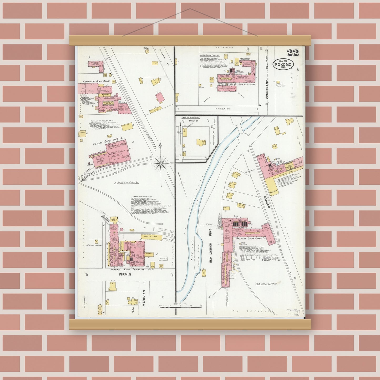 Old map wall art mockup — magnetic wood frame on brick wall — Sanborn Fire Insurance Map from Kokomo, Howard County, Indiana (1902), Sheet #0022