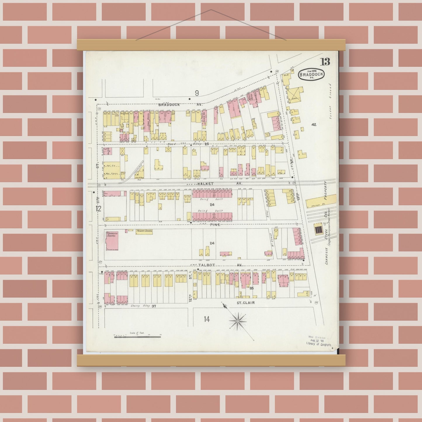 Old map wall art mockup — magnetic wood frame on brick wall — Sanborn Fire Insurance Map from Braddock, Allegheny County, Pennsylvania (1896), Sheet #0013
