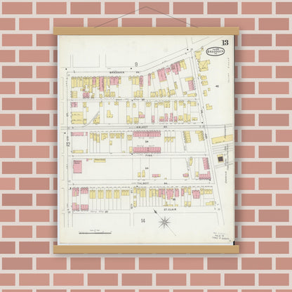 Old map wall art mockup — magnetic wood frame on brick wall — Sanborn Fire Insurance Map from Braddock, Allegheny County, Pennsylvania (1896), Sheet #0013