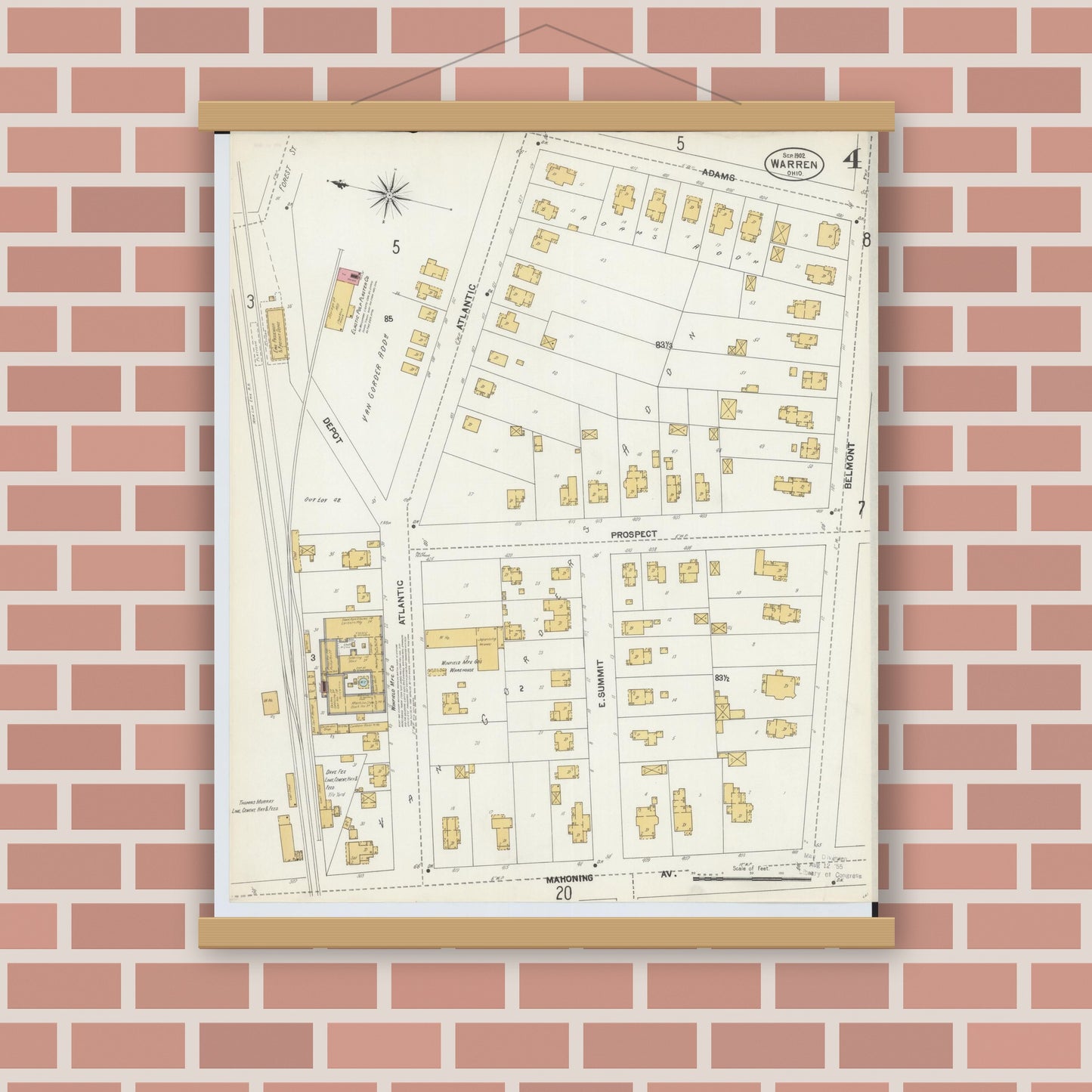 Old map wall art mockup — magnetic wood frame on brick wall — Sanborn Fire Insurance Map from Warren, Trumbull County, Ohio (1902), Sheet #0004