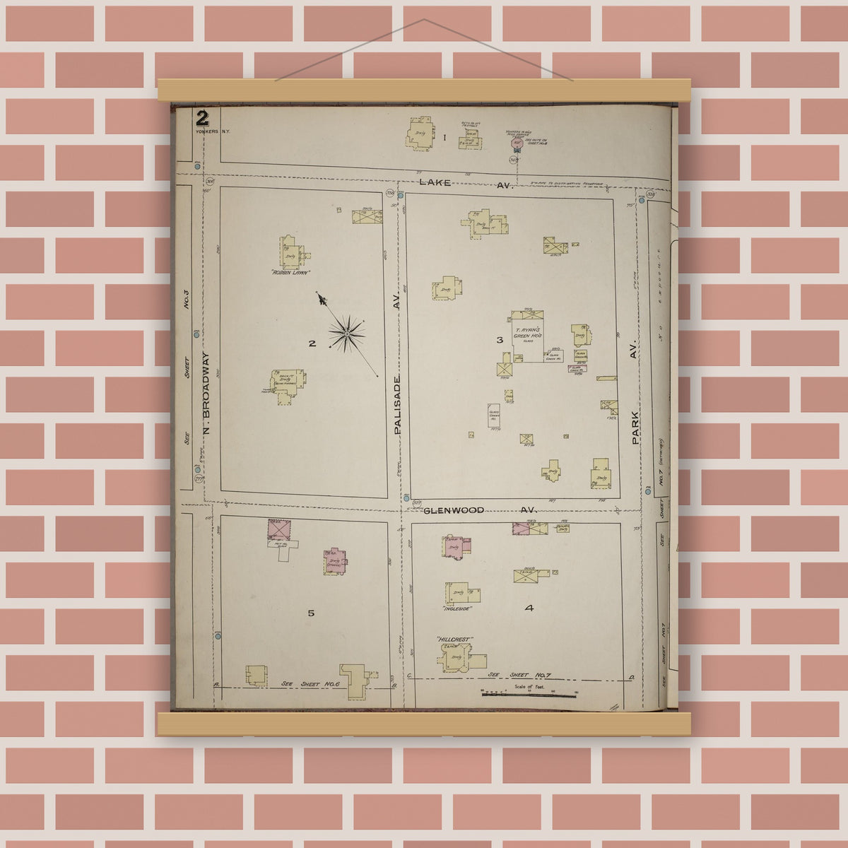 Old map wall art mockup — magnetic wood frame on brick wall — Sanborn Fire Insurance Map from Yonkers, Westchester County, New York (1886), Sheet #0002