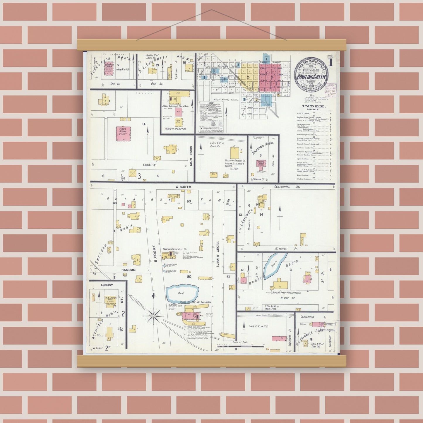 Old map wall art mockup — magnetic wood frame on brick wall — Sanborn Fire Insurance Map from Bowling Green, Pike County, Missouri (1902) - Complete Map Set