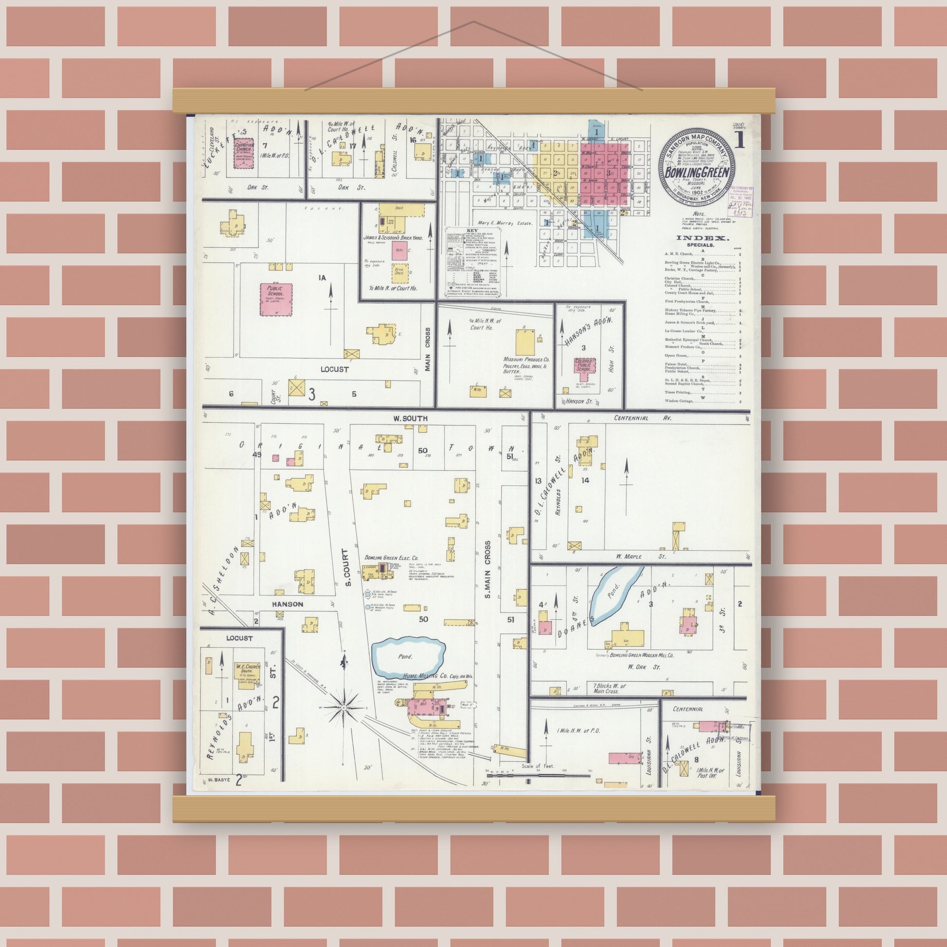 Old map wall art mockup — magnetic wood frame on brick wall — Sanborn Fire Insurance Map from Bowling Green, Pike County, Missouri (1902) - Complete Map Set
