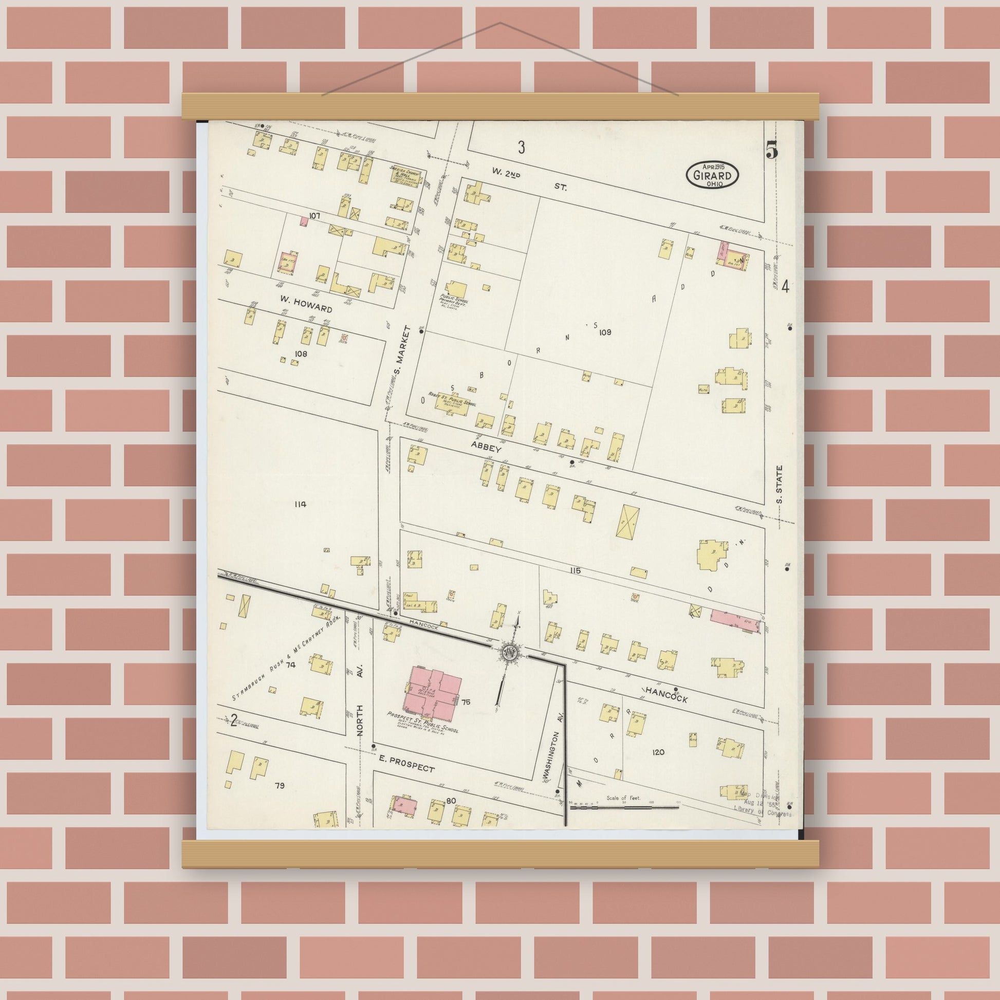 Old map wall art mockup — magnetic wood frame on brick wall — Sanborn Fire Insurance Map from Girard, Trumbull County, Ohio (1915), Sheet #0005