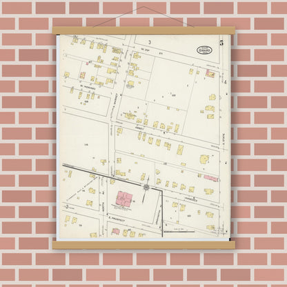Old map wall art mockup — magnetic wood frame on brick wall — Sanborn Fire Insurance Map from Girard, Trumbull County, Ohio (1915), Sheet #0005