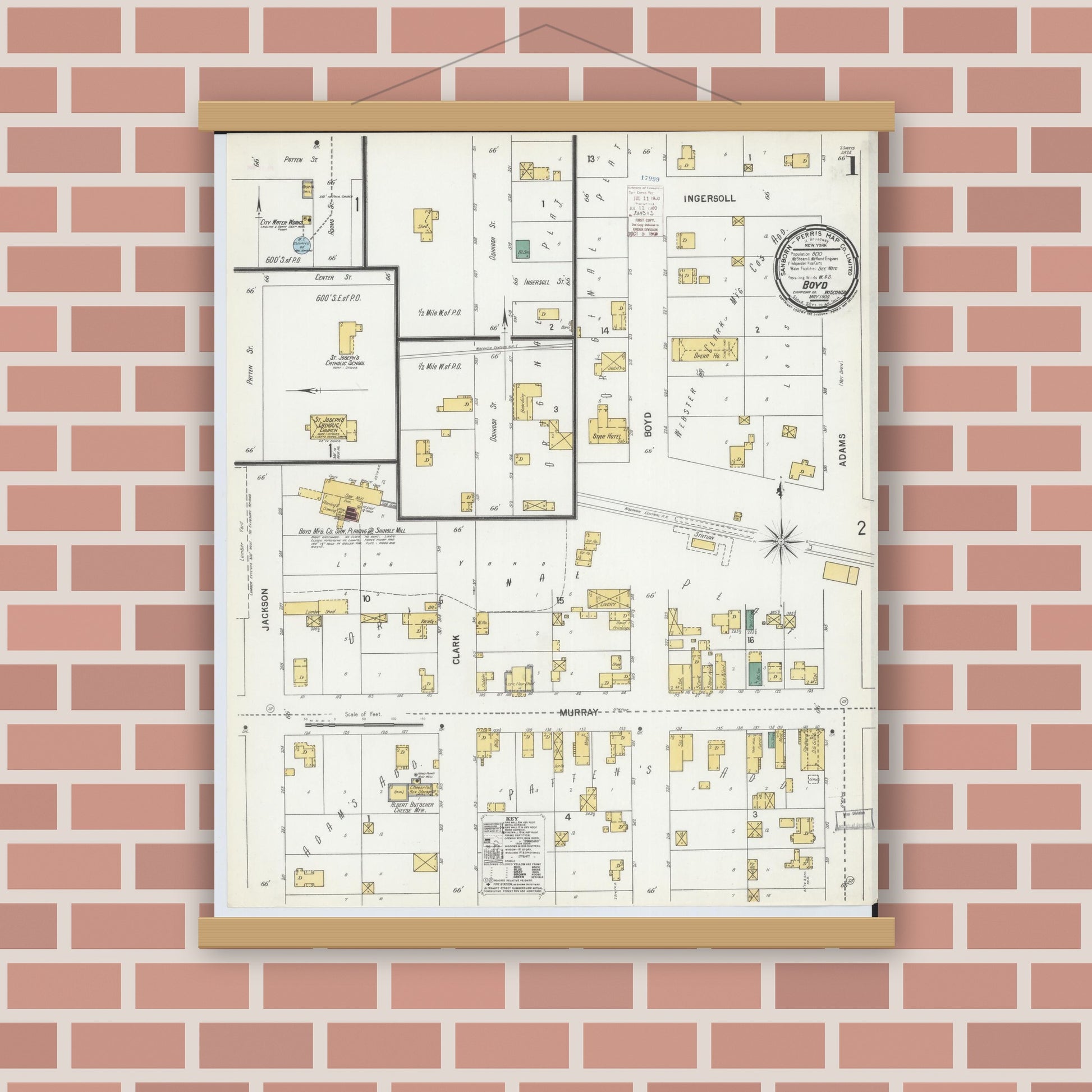 Old map wall art mockup — magnetic wood frame on brick wall — Sanborn Fire Insurance Map from Boyd, Chippewa County, Wisconsin (1900), Sheet #0001