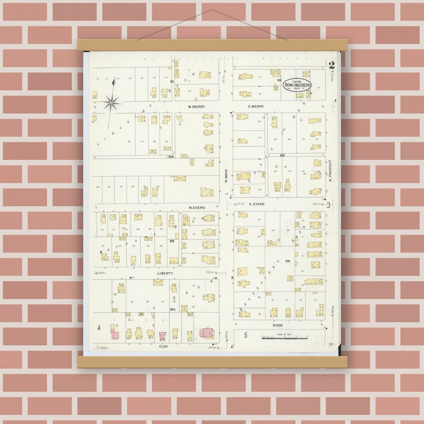 Old map wall art mockup — magnetic wood frame on brick wall — Sanborn Fire Insurance Map from Bowling Green, Wood County, Ohio (1908), Sheet #0002